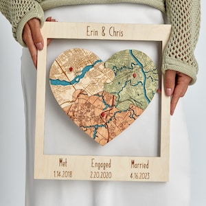 Met Engaged Married  Map, Three Locations Heart Puzzle Map Wooden Framed Wall Art, Newly Wed Gift, Wedding Anniversary Gift for Couple