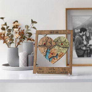 9th Anniversary Gift, Three Locations Heart Puzzle Map Wooden Framed Wall Art, Newly Wed Gifts, 9 Year Wedding Anniversary Gift For Her Him EARL GREY