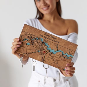 Housewarming Gift First Home, Magnetic Key Holder For Wall, Custom Wooden Location Map Family Key Organizer, Key Hook for Wall