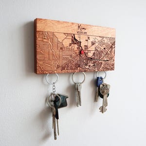 New Home Housewarming Gift, Small Personalized Key Holder for Wall, Magnetic Wall Key Holder with Custom City Wood Map, Entryway Key Rack