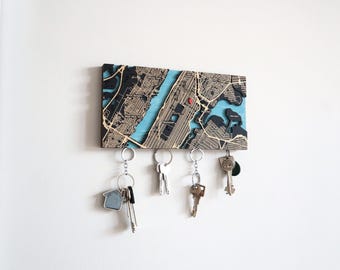 Key Holder For Wall, Custom City Wood Map Wall Art, Magnetic Key Organizer, New Home Gift, Key Rack Apartment Decor, Entryway Organization