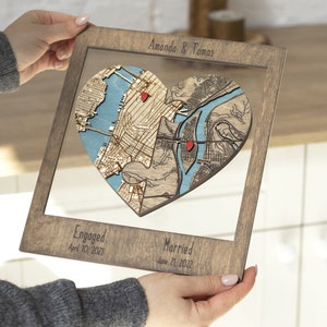 First Annniversary Gift for Couple, Two Locations Heart Puzzle Map Wooden Wall Art, Newly Wed Gifts, Custom Wood Location Map, Wedding Gift EARL GREY