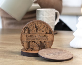 Set of 5 different locations Wood Coasters, Location Map  Coasters, Custom Coordinates Wood Map Coasters, Housewarming Gift for Couple