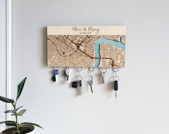 Housewarming Gift for Couple, Personalised Map Location Key Holder For Wall, Custom Magnetic Key Organizer, Key Hook for Wall, New Home Gift