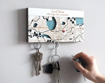 Magnetic Key Holder For Wall, Custom Wooden Location Map Family Key Organizer, Our First Home/New Home Housewarming Gift, Key Hook for Wall