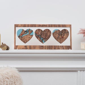 Three Heart Map, Wooden Relationship Gift for Wedding or Engagement