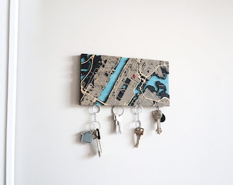 Key Holder For Wall, Custom City Wood Map Magnetic Key Organizer, Custom Coordinates Map Key Hook for Wall, Housewarming Gift Our first Home