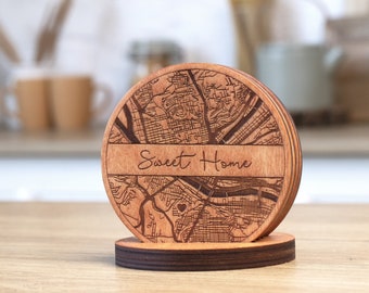 Map Location Custom Wood Coasters, Personalized Engraved Wood Coasters Set, Housewarming Gift First Home, Custom Coordinates Map Coasters