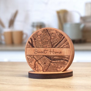 Map Location Custom Wood Coasters, Personalized Engraved Wood Coasters Set, Housewarming Gift First Home, Custom Coordinates Map Coasters image 1