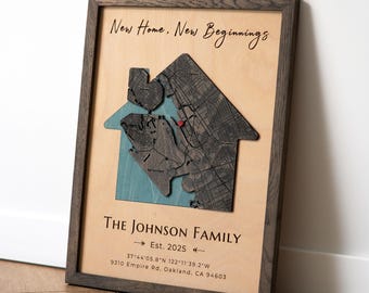 New Home Map Framed Wooden Wall Art, Housewarming Family Keepsake
