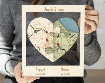 Two Locations Heart Puzzle Map Wooden Sage Green Wall Art, Newly Wed Gifts, Custom Wood Location Map, Wedding Gift for Couple Unique