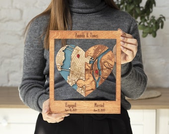 Geschenke zur Hochzeit, Zwei Orte Herz Puzzle Karte Holz gerahmte Wandkunst, Individuelles Hochzeitsgeschenk für Paare, Geschenk zum 1. Jahrestag für die Frau