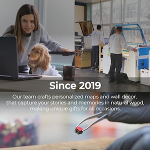 Brand story collage shows the Mur Wood Home team, workshop equipment, and the message that the company has been crafting personalized maps and wall decor since 2019. This image builds trust by showing the makers behind the handcrafted wedding keepsake.