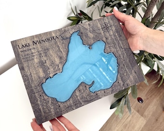 Wisconsin Lake House Gift, Personalized Any Lake/River Map: Wood & Resin, Coastal Wall Art
