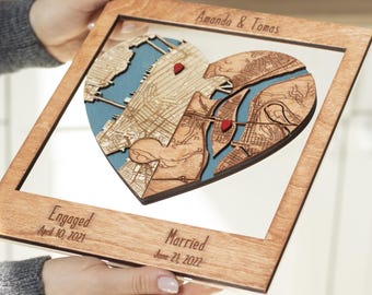 Personalized Wooden Heart Map Wall Art, Custom Engagement & Wedding Gift