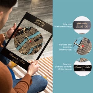 A man holds the framed round map while a side graphic explains the personalization options for this custom first home gift. It shows how buyers can add top frame text, location details, and names or a date on the bottom frame.