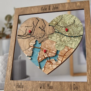 9th Anniversary Gift, Three Locations Heart Puzzle Map Wooden Framed Wall Art, Newly Wed Gifts, 9 Year Wedding Anniversary Gift For Her Him image 3
