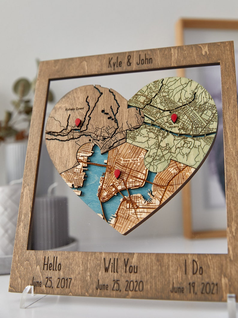 9th Anniversary Gift, Three Locations Heart Puzzle Map Wooden Framed Wall Art, Newly Wed Gifts, 9 Year Wedding Anniversary Gift For Her Him image 3