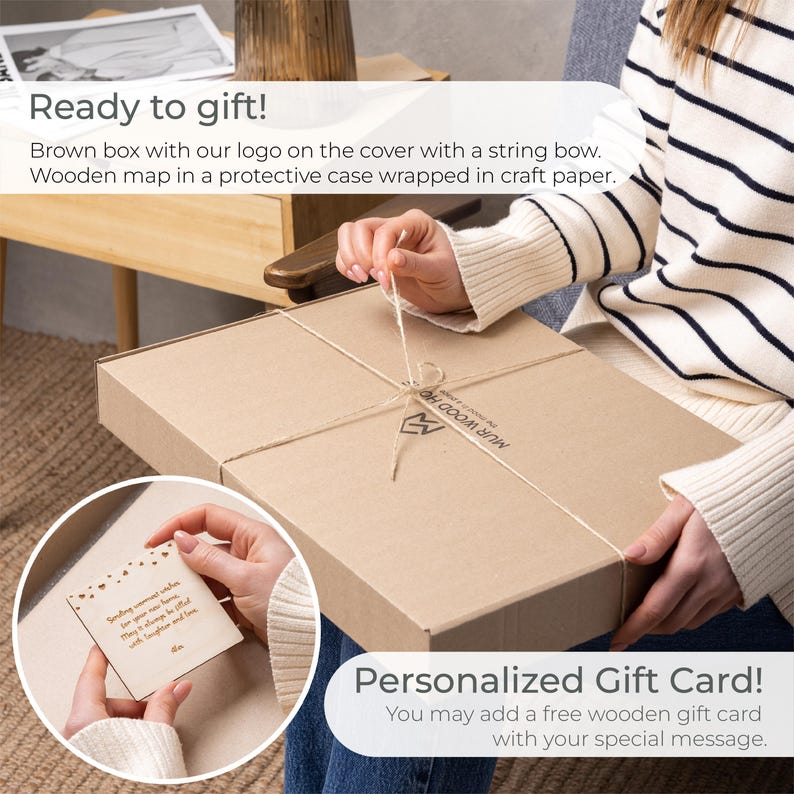 Gift-ready packaging is shown in a kraft box with twine, plus an optional personalized wooden gift card. This image reinforces the product as a thoughtful wedding or engagement gift that is ready to give.