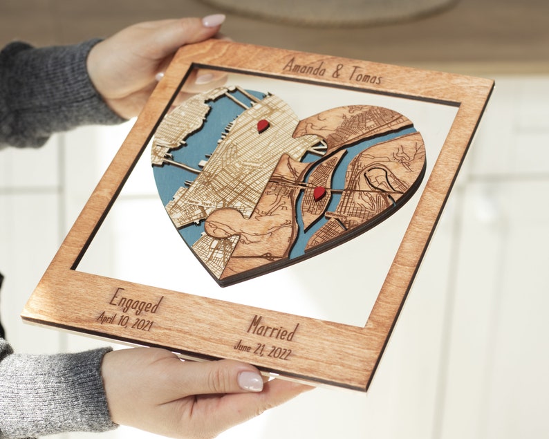 First Annniversary Gift for Couple, Two Locations Heart Puzzle Map Wooden Wall Art, Newly Wed Gifts, Custom Wood Location Map, Wedding Gift GUNSTOCK