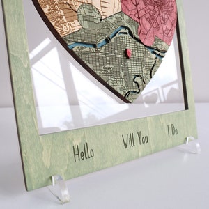 Hello Will You I Do Map, Three Locations Heart Puzzle Map Wooden Framed Wall Art, Newly Wed Gift, Wedding Anniversary Gift for Couple Unique image 2