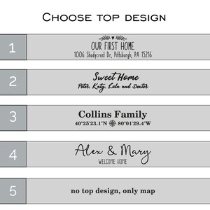 May include: Five design options for a housewarming gift. Option 1: "Our First Home" with an address. Option 2: "Sweet Home" with names. Option 3: "Collins Family" with coordinates. Option 4: "Alex & Mary" with "Welcome Home". Option 5: "no top design, only map".