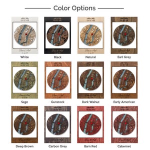 This color chart shows the available wood finish options for the personalized first home map. It helps buyers choose the frame color that best matches their home decor and gift style.
