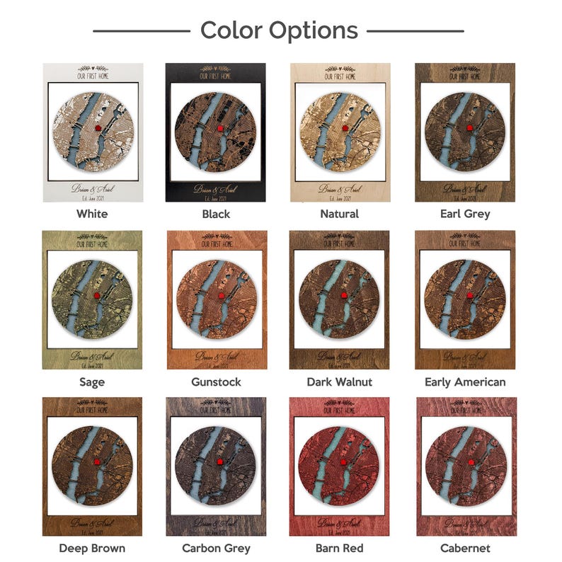 This color chart shows the available wood finish options for the personalized first home map. It helps buyers choose the frame color that best matches their home decor and gift style.