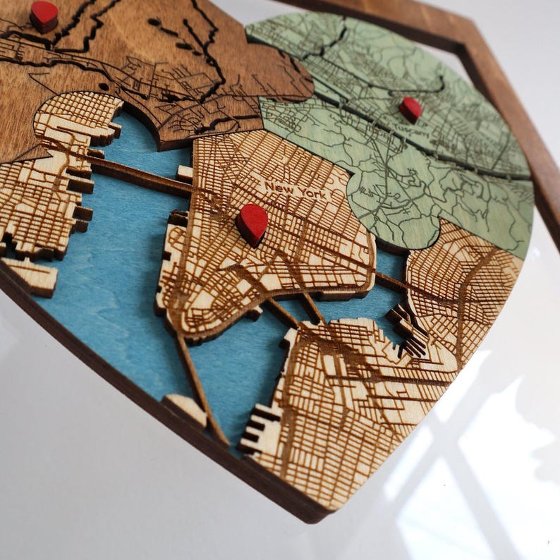 Personalized Puzzle Map - 5th Wedding Anniversary Couples Gift, Custom Locations Framed Wood Wall Art image 2