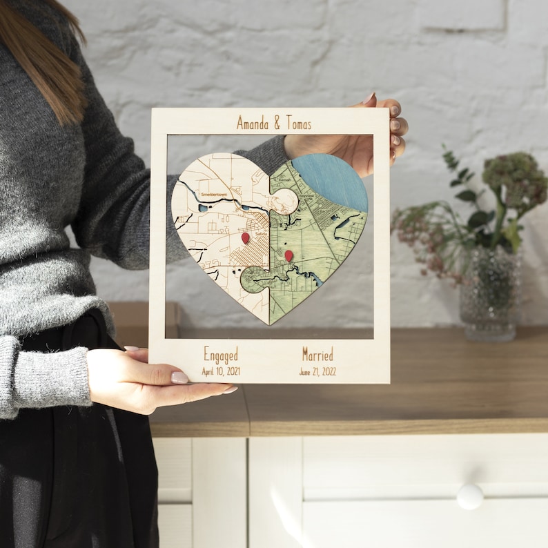Newly Wed Gifts, Two Locations Heart Puzzle Map Wooden Framed Wall Art, Custom Wedding Shower Gift for Couple, 1st Anniversary Gift for Wife NATURAL & SAGE