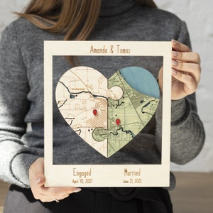 Newly Wed Gifts, Two Locations Heart Puzzle Map Wooden Framed Wall Art, Custom Wedding Shower Gift for Couple, 1st Anniversary Gift for Wife image 7