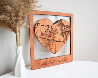 Where It All Began/Where We Met Map, Custom Coordinates Heart Shaped Wooden Map, MurWoodHome Wall Art, One Year Anniversary Gifts for Couple