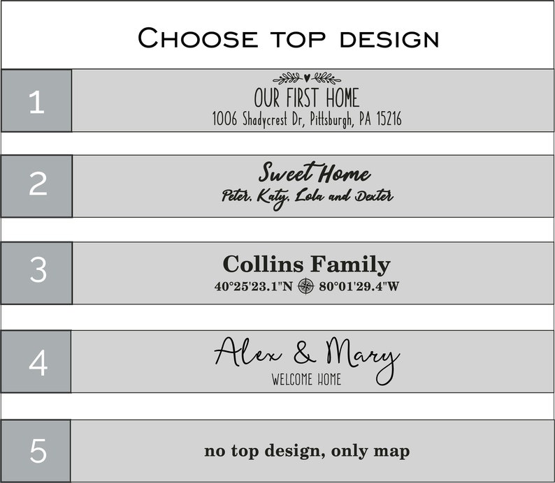 May include: Five design options for a personalized map. Option 1: "Our First Home" with an address. Option 2: "Sweet Home" with names. Option 3: "Collins Family" with coordinates. Option 4: "Alex & Mary" with "Welcome Home". Option 5: No top design, only map.