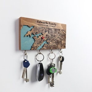 Personalized Map Key Holder with Hooks, Custom Coordinates, Housewarming Gift