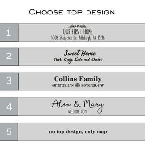 Top design options chart showing different personalization layouts for the wooden location map key holder. Buyers can choose text styles such as first home, sweet home, family name, welcome home, or map only.