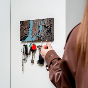 Personalized Wood Map Key Holder, Magnetic Entryway Key Rack image 3