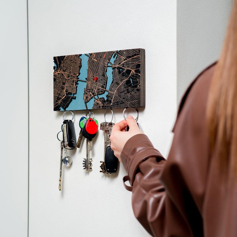 Personalized Wood Map Key Holder, Magnetic Entryway Key Rack image 3