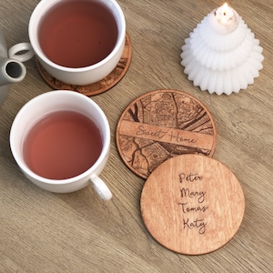 Map Location Custom Wood Coasters, Personalized Engraved Wood Coasters Set, Housewarming Gift First Home, Custom Coordinates Map Coasters Set of 2