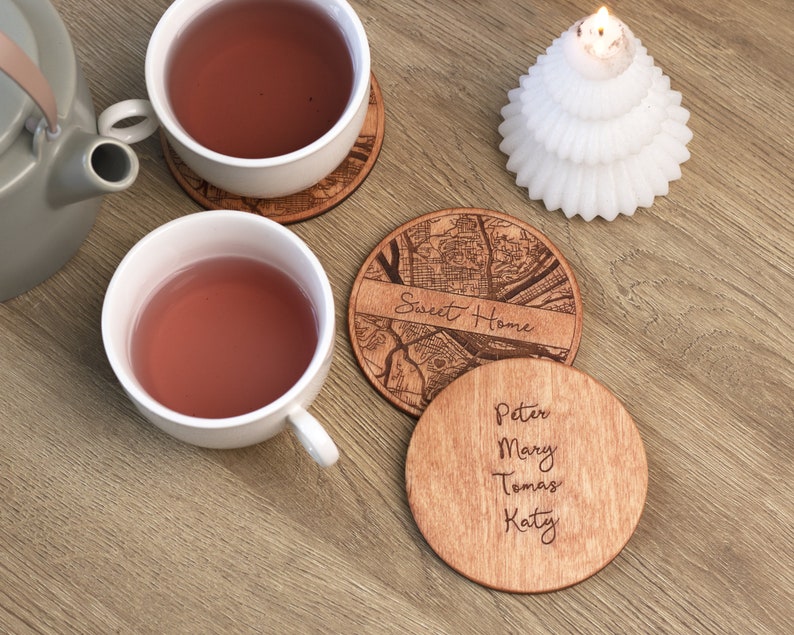Map Location Custom Wood Coasters, Personalized Engraved Wood Coasters Set, Housewarming Gift First Home, Custom Coordinates Map Coasters Set of 2