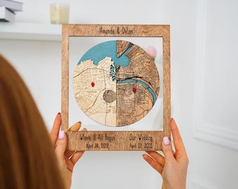 Anniversary Gift for Him: Framed Two-Location Puzzle Map Keepsake
