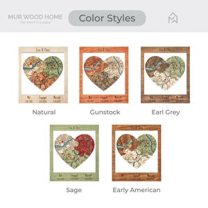 Color style chart displays the framed heart puzzle map in several finish options including natural, gunstock, sage, earl grey, and early American. This image helps buyers choose the wood tone that best fits their wedding gift style or home decor.
