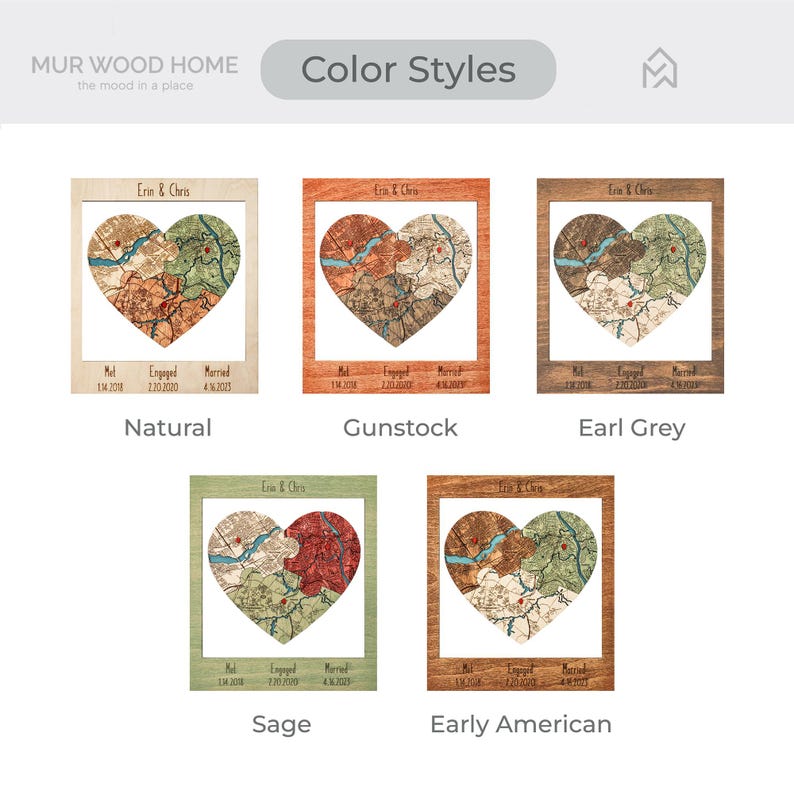 Color style chart displays the framed heart puzzle map in several finish options including natural, gunstock, sage, earl grey, and early American. This image helps buyers choose the wood tone that best fits their wedding gift style or home decor.