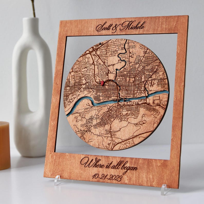 Wedding Story Map, Three Location Wood Art for Couple Gift 1 circle map
