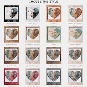Finish options chart for the personalized wooden heart map wall art, displaying multiple color combinations and frame styles. The image helps couples select a custom look that matches their home decor and relationship keepsake style.