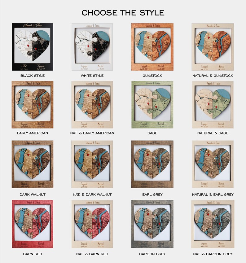 Finish options chart for the personalized wooden heart map wall art, displaying multiple color combinations and frame styles. The image helps couples select a custom look that matches their home decor and relationship keepsake style.