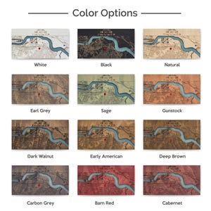 May include: A collage of 12 different wood stain colors for a custom wood map. The colors are: White, Black, Natural, Earl Grey, Sage, Gunstock, Dark Walnut, Early American, Deep Brown, Carbon Grey, Barn Red, and Cabernet.