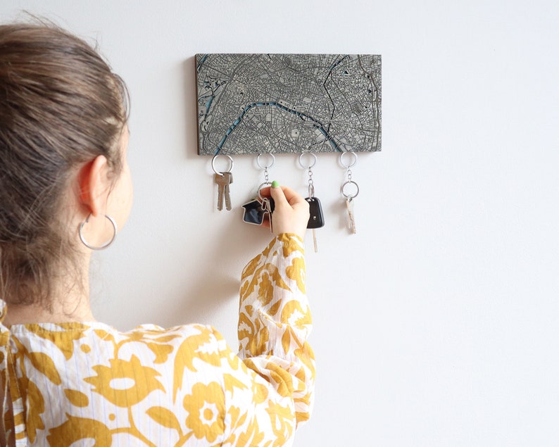 Any City Map Key Holder For Wall, Housewarming Gifts, Wooden Map Key Organizer with Magnets, Custom City Map, Paris Gifts, Key Hook for Wall image 1