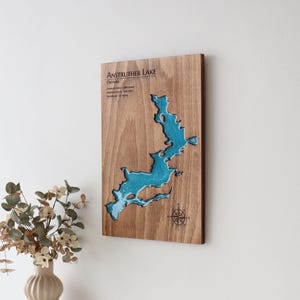Personalized Lake Map Wood Wall Art: Resin Detail, Push Pins Included