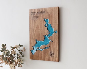 Personalized Lake Map Wood Wall Art: Resin Detail, Push Pins Included