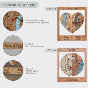 Style options graphic showing the personalized wooden map in heart and circle versions with examples of custom text placement. This image helps buyers choose the shape and personalization layout that best fits their engagement or wedding story.
